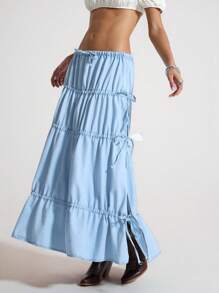 SHEIN Unity Jupe taille élastique froncée fendue en jean lavé de couleur claire coupe évasée - Jean clair - Voir 3