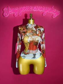 Slaydiva 2025 Summer New Style Birthday Party Back To School Student Wear Daily Outing Basic And Versatile Leisure Vacation Cruise Travel Beach Seaside Sunbathing Internet Celebrity Hot Style Punk Style Club Elegant Commuter Business Casual Small Stand-Up Collar Long Sleeve Tight Cropped Women's Tops Portrait Printing Mesh Perspective Summer Tops Women's Tops Y2k Tops - Multicolor - View 6