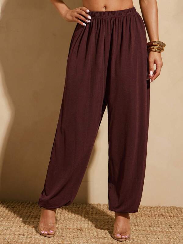 Vixey Solid Jersey Elastic Waistband Harem Jogger Pants, Flowy Pants For Women, Boho Pants, Elastic Waist Pants, Harem Pants, Loose Pants, Vacation Outfits For Women