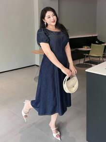 Dazy Plus 深水洗蓝色圆领泡泡袖收腰短款牛仔连衣裙