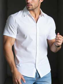 Manfinity Dauomo Men's Solid Color Front Button Casual Versatile Short Sleeve Shirt - White - View 3