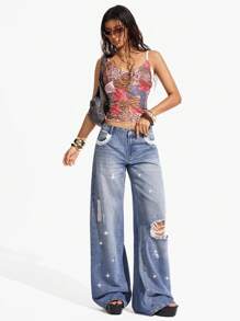 Jeanoix Women's Low Waist Pockets Distressed Loose Casual Wide Leg Jeans Y2k