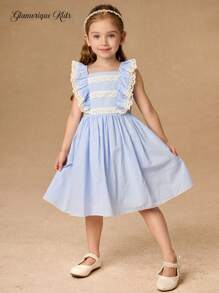 Abito stile principessa a quadri per bambina e ragazza come damigella, con maniche a palloncino, blu, adatto per feste di compleanno, matrimoni, vacanze, tutto l'anno