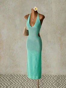 SHEIN ICON Women's V-Neck Hollow Out Back Tie Knitted Long Dress