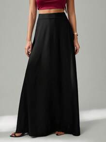 SHEIN Tall Women's Solid Color With Slanted Pockets Practical Elegant Simple Commuting Office A-Line Umbrella Skirt - Black - View 4