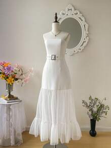 SHEIN MOD 1件白色长款网眼腰连衣裙，百搭款式 - 白色 - 查看 4