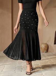 Anewsta 全新时尚女式欧根纱网眼串珠透视裙 - 黑色 - 查看 3