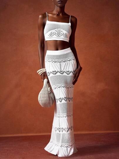 Zivah 2025春夏新款休闲度假日常约会海滩度假沙滩装生日派对邮轮度假视角性感吊带短马甲+高腰裙H型长裙菱形条纹白色套装女式毛衣两件套