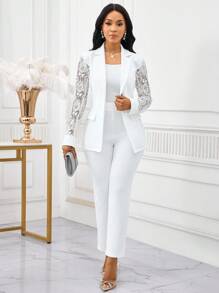 SHEIN Lady Four Seasons White Suit Suit Set Lace Splicing Suit Set Women's Suit Set