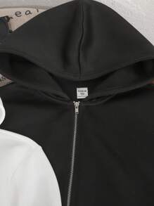 SHEIN 2 件套青少年女孩宽松休闲百搭纯色针织拉链连帽衫，黑色和白色，适合秋冬季 - 黑與白 - 查看 4