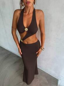 Aloruh 女士性感深 V 吊带金属花朵长裙，夏季/春季度假装