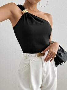 RosyDaze Halloween Women's Solid Color Sleeveless Metal Decor Button Casual & Elegant Shirt, Suitable For Commuting, Summer One Shoulder Top Chic Top - Black - View 4