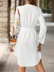 SHEIN Clasi 女士 V 领长袖前系带休闲短裙，女士夏装校服秋季女士连衣裙女士办公室服装女士教师服装女士生日服装 - 白色 - 查看 2