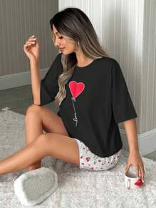 SHEIN Cottnline Bộ đồ ngủ ngắn tay in hình cotton cho nữ màu trắng - màu đen - Xem 5