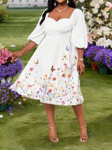 SHEIN Lady 春夏优雅通勤办公室通勤休闲波西米亚风休闲外出彩色编织甜心舞会礼服喇叭飘逸主教袖合身腰部中长七分袖大码连衣裙 - 彩色 - 查看 1
