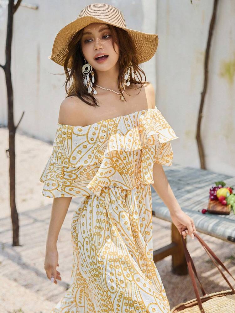 Floral Off Shoulder Ruffle Hem Cinched Waist Dress, Casual & Vacation Style For Ladies, Summer Dress