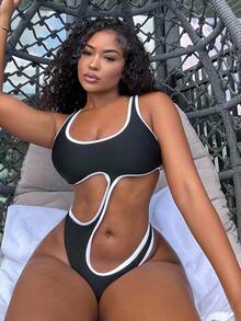 Alexandranx Summer Beach Contrast Binding Cut Out One Piece Swimsuit - Black - View 4