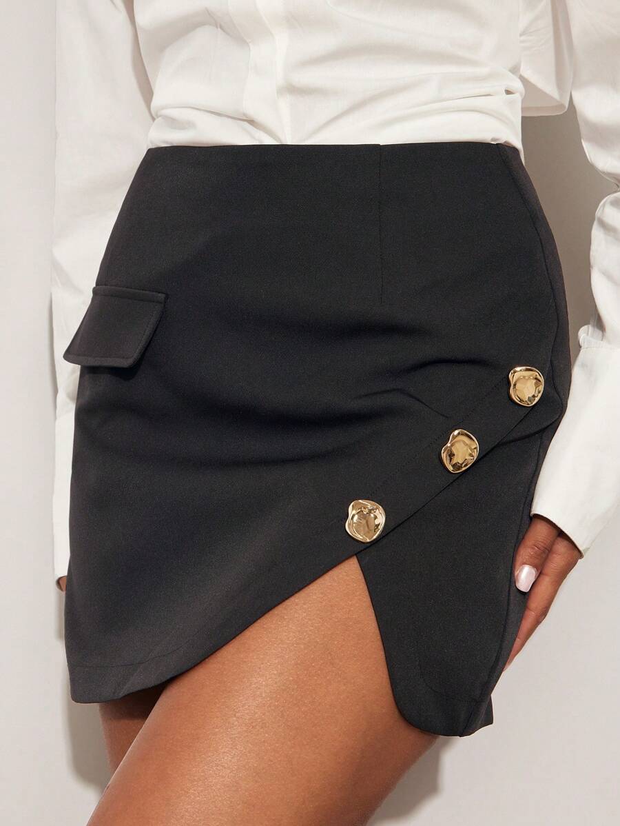 Silquee Serie elegante de alta gama, Serie de viajero, Falda corta asimétrica con botones de metal y diseño de abertura para mujer en otoño, Falda corta sexy y de oficina para profesora, Falda pantalón negra asimétrica con abertura en el muslo para mujer, Conjunto de blazer y falda con abertura lateral - Negro - Ver 1