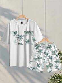 Manfinity RSRT Conjunto de camiseta y pantalones cortos de talla grande para hombre con estampado de árboles de coco, para vacaciones de verano