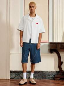 Manfinity VCAY Men's Summer Heart Embroidery Single-Breasted Casual Shirt