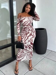 Alexandranx Zebrarandig Knytning Ryggfri Axelfri Bodycon Klänning - Brun - Visa 1