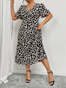 Firerie Plus Size Fall Vintage Leopard Print Short Sleeve Kink Cinched Waist Dress - Grey - View 5