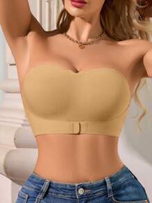 1pc Women Casual Comfy Front Closure Ribbed Seamless Wireless Bra - Apricot - View 3