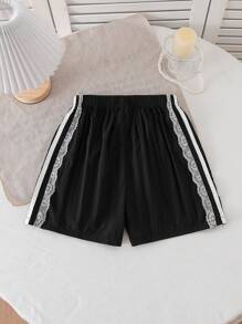Genkimix Kids Pantalones cortos deportivos anchos de estilo suelto con parches de encaje, versión coreana de moda casual para niñas preadolescentes en verano
