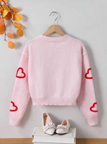SHEIN Tween Girls' Pink Short Soft Cardigan, Heart Pattern, Suitable For Outdoor Wear, Autumn/Winter - Pink - View 2