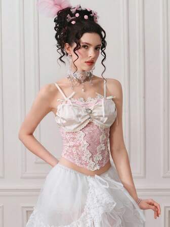 EDITION Camiseta de satén con encaje y adorno de perla con estilo vintage y romántico en color contrastante para mujer