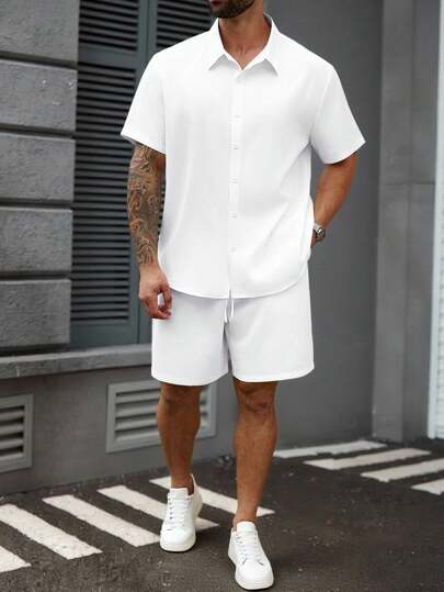 Manfinity Homme 夏季大码男士休闲纯色衬衫和短裤套装