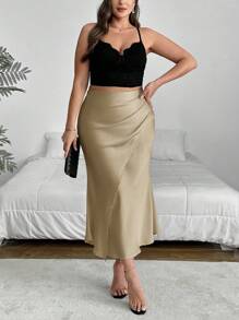 Firerie Damen Große Größen Satin Meerjungfrau Saum romantischer figurbetonter Rock, Apricot, Rückkehr zur Schule im Herbst