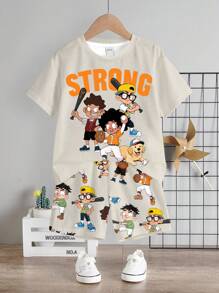 Niño soldado travieso, DIBUJOS ANIMADOS, Colección Favorita de Niños, Básicos Cotidianos, Niños Felices, Colores Pastel para Niños, Estilo Motero, Viaje Familiar, Días Felices, Amo a Mamá, Amo a Papá, Hogar Encantador, Niños Geniales, Conjunto de Camiseta de Manga Corta de Cuello Redondo Simple y Pantalones Cortos para Niño Pequeño Casual, Adecuado para el Verano - Multicolor - Ver 2