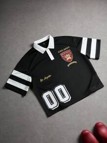 Manfinity Campus Court 男士条纹字母印花短袖休闲通勤Polo衫 - 彩色 - 查看 1