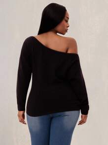 SHEIN SXY 大码女式秋冬、春夏优雅华丽纯色露肩休闲长袖毛衣，适合外出、约会之夜、聚会、老钱、情人节 - 黑色 - 查看 14