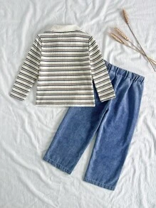 SHEIN Vintaside Kids Set de 2 piezas: Camiseta de manga larga con cuello a rayas y jeans de mezclilla casual para niño pequeño, adecuado para varias ocasiones