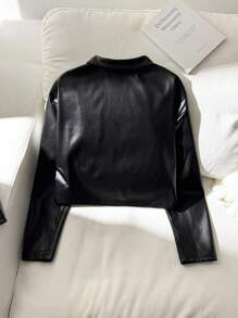SHEIN Tween Girl Casual Streetwear Style Lapel PU Metal Zipper Front Cropped Jacket, Black Black Leather Jacket Cropped Leather Jacket Faux Leather Jacket Black Cropped Jacket,In Fall/Winter