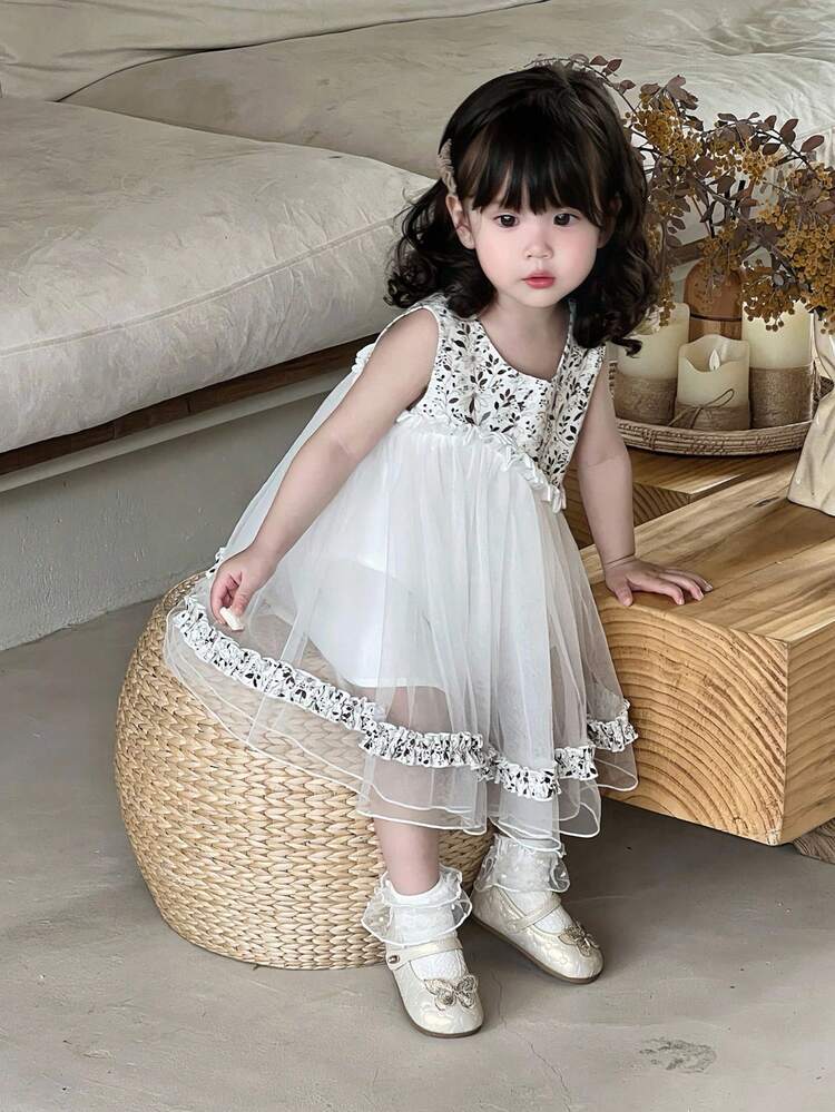 Toddler Girls' Round Neck Contrast Color Mesh Mid-Length Party Birthday Dress