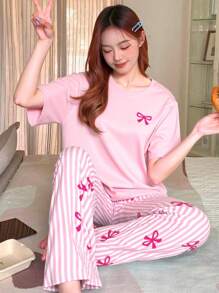 2 件套青少年女孩优雅甜美简约时尚粉色蝴蝶结装饰圆领短袖上衣和粉色条纹蝴蝶结裤子，舒适休闲睡衣 - 粉色 - 查看 3