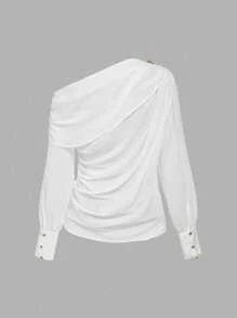 SHEIN MOD 女士优雅纯色不对称领上衣 - 白色 - 查看 2