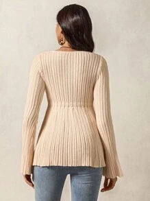 Boho Mama Pregnant Women Solid Color Square Neck Flare Sleeve Casual Sweater West Western Wear Women Boho Women Clothing Boho Chic - Khaki - View 2