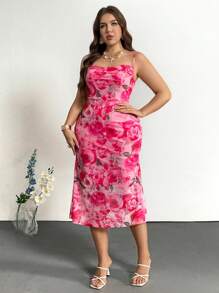 Firerie Plus Size Elegant Simple Style Allover Printed Pink Cute Date Afternoon Tea Slim Fit Mermaid Midi Dress With Spaghetti Strap, For Summer,Beach Dress Sundress,Holiday Outfits Boho - Pink - View 5