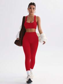 Gameset SHEIN Sport 2 件女式纯色后系带吊带背心和紧身裤运动套装，休闲运动装健身套装，适合中国新年瑜伽服瑜伽服瑜伽服健身女士套装 - 紅色 - 查看 3