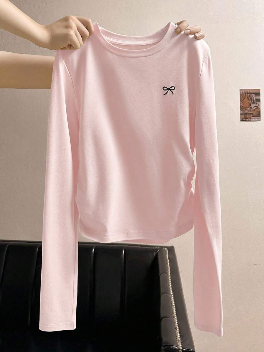 INAWLY 休闲蝴蝶结印花圆领褶饰长袖 T 恤 - 淺粉色 - 查看 1