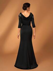 Serin Elegant & Luxurious Black Embroidered Lace Diamond Mesh Long Sleeve Ruched Mermaid Hem Satin Maxi Dress, Suitable For Wedding, Birthday Party, Vacation, Gala, Evening Event, Bridal Mother Dress - Black - View 4