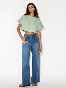 SHEIN LUNE Camiseta corta informal con mangas de murciélago sobredimensionadas y con corte desgastado - verde menta - Ver 3
