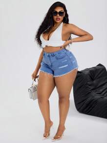 Slaydiva Plus Size Women Pockets Distressed Frayed Hem Casual Denim Shorts - Light Wash - View 4
