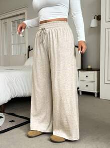 SHEIN EZwear 大码女式纯色抽绳腰阔腿休闲运动裤 - 杏色 - 查看 3