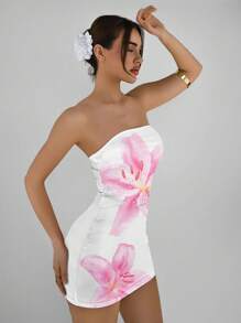 Aloruh Vestido informal y entallado sin tirantes con estampado de lirio de acuarela, apropiado para el verano, vacaciones, playa y festivales de música