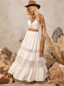 LanaWest Women's Bohemian Woven Strap Patchwork Minimalist Lace Trim Cropped Camisole And Mini Skirt Set - White - View 5